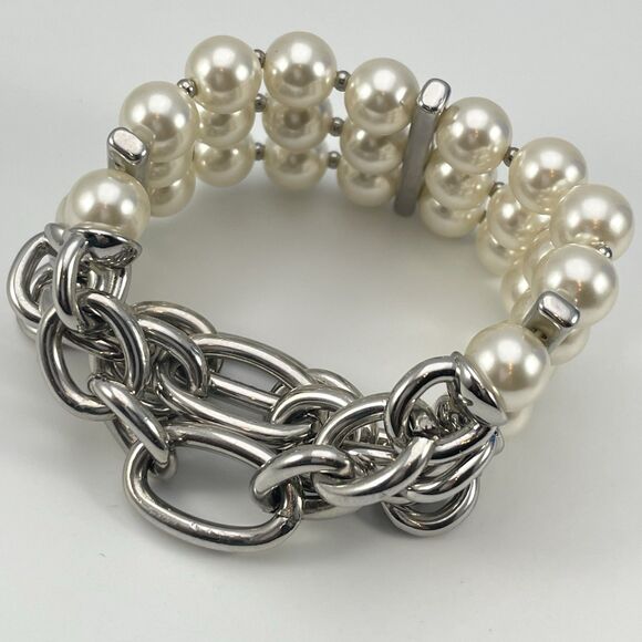 Statement Silver Tone Chain Faux Peal Multi Layer Bracelet Stretch Classic - Picture 5 of 5